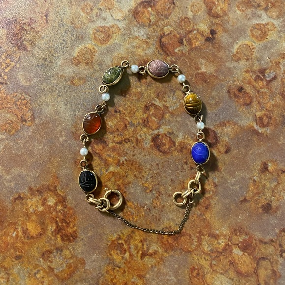 Vintage 12K Gold Filled Multi Stone Scarab Beetle Link Bracelet Artisan Handmade - Picture 2 of 5